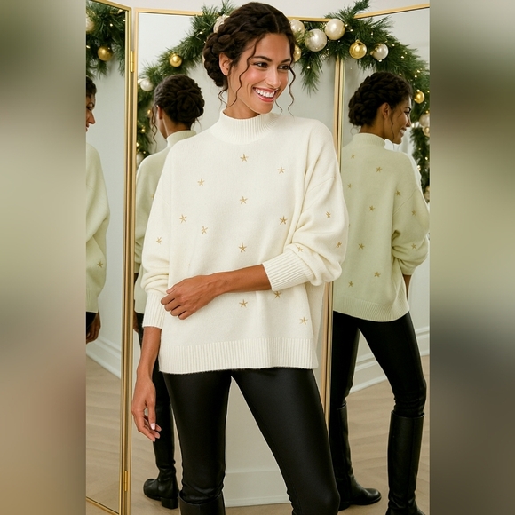 Winter White Cozy Boho Holiday Career Embroidered Gold Stars Popover Sweater New - Picture 1 of 11
